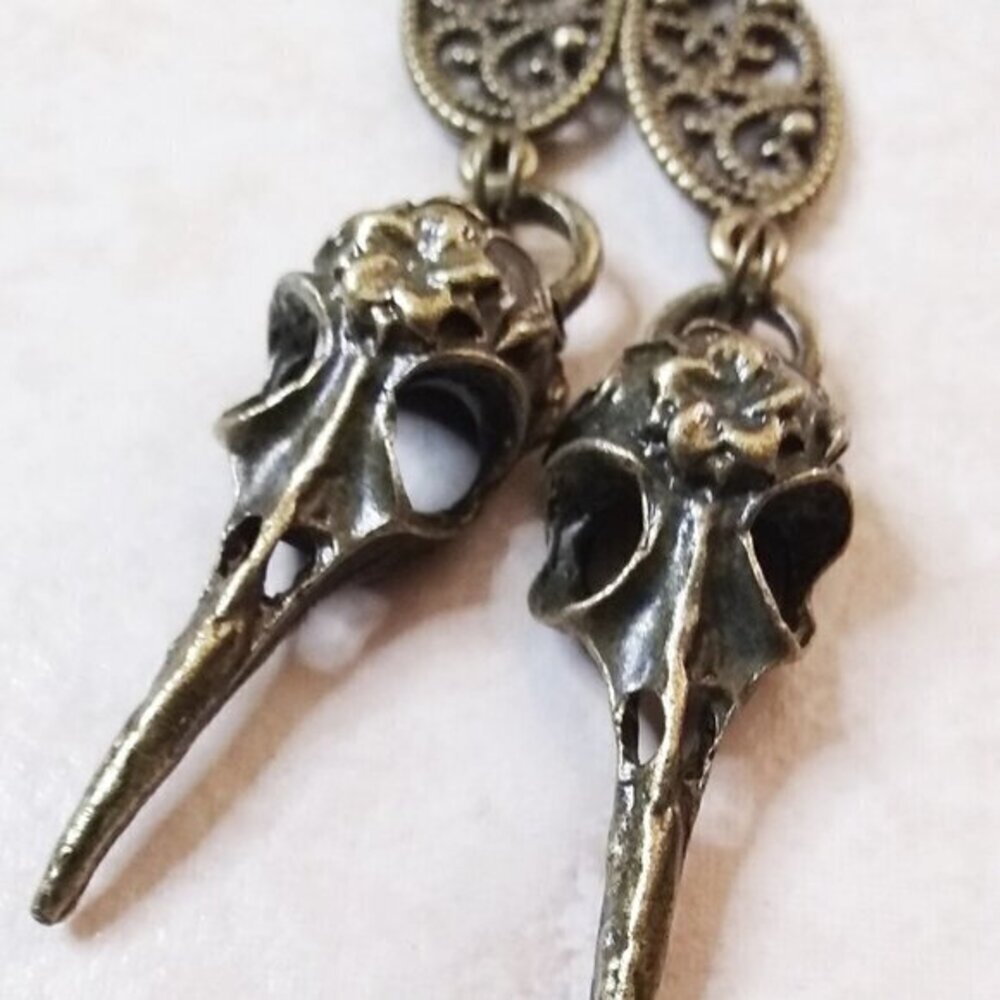Bronze Bird Skull Earrings - Goth Pagan Raven Crows Occult Forest Witch Goddess - Picture 6 of 10